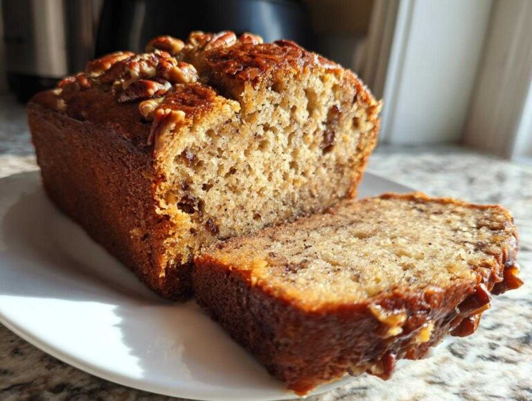 A moist slice cut from a loaf of sugar free banana bread topped with glazed pecans.