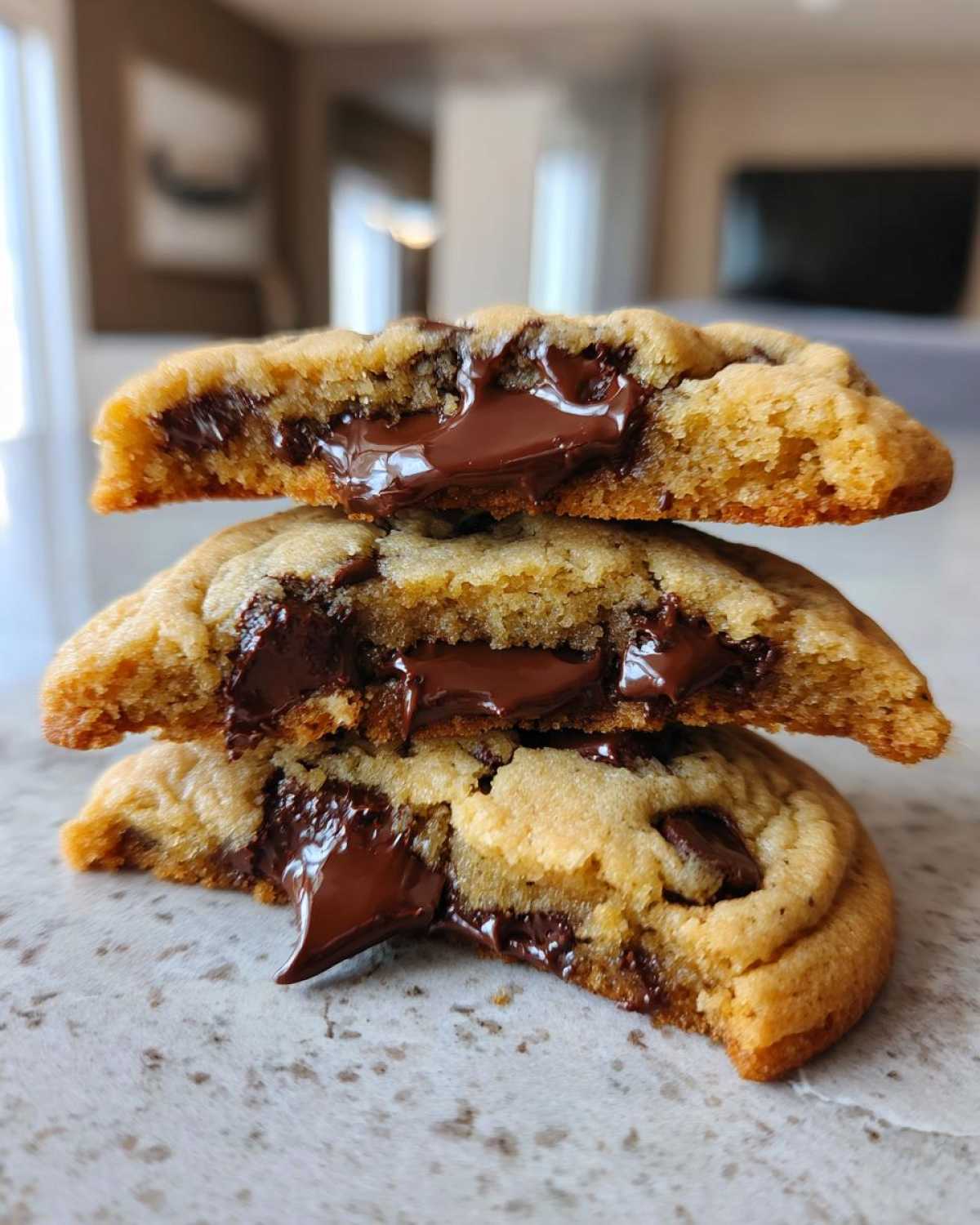 Close-up of a thick chocolate chip cookie cut in half, showing molten, gooey chocolate chips inside.