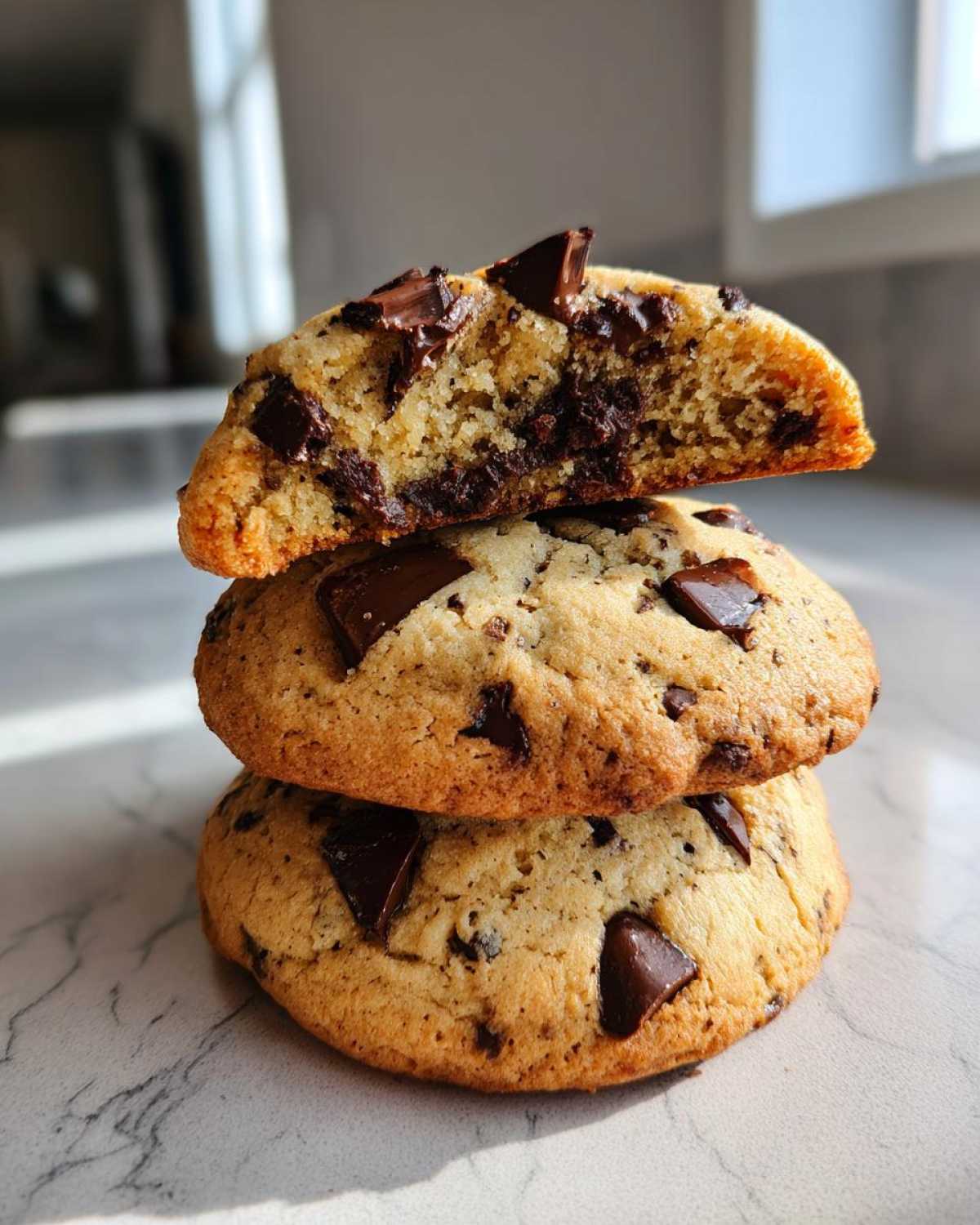 Stack of three thick chocolate chip cookies, with the top one broken in half showing a soft, gooey interior.