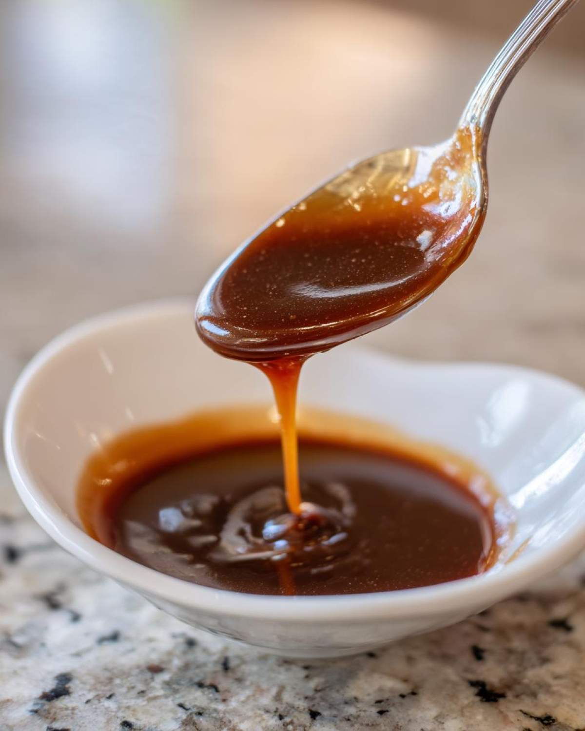 Close-up of thick, glossy homemade teriyaki sauce dripping from a silver spoon into a small white bowl.