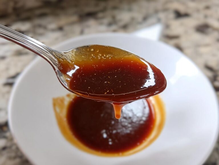 Close-up of thick, glossy homemade teriyaki sauce dripping from a silver spoon over a small white dish.