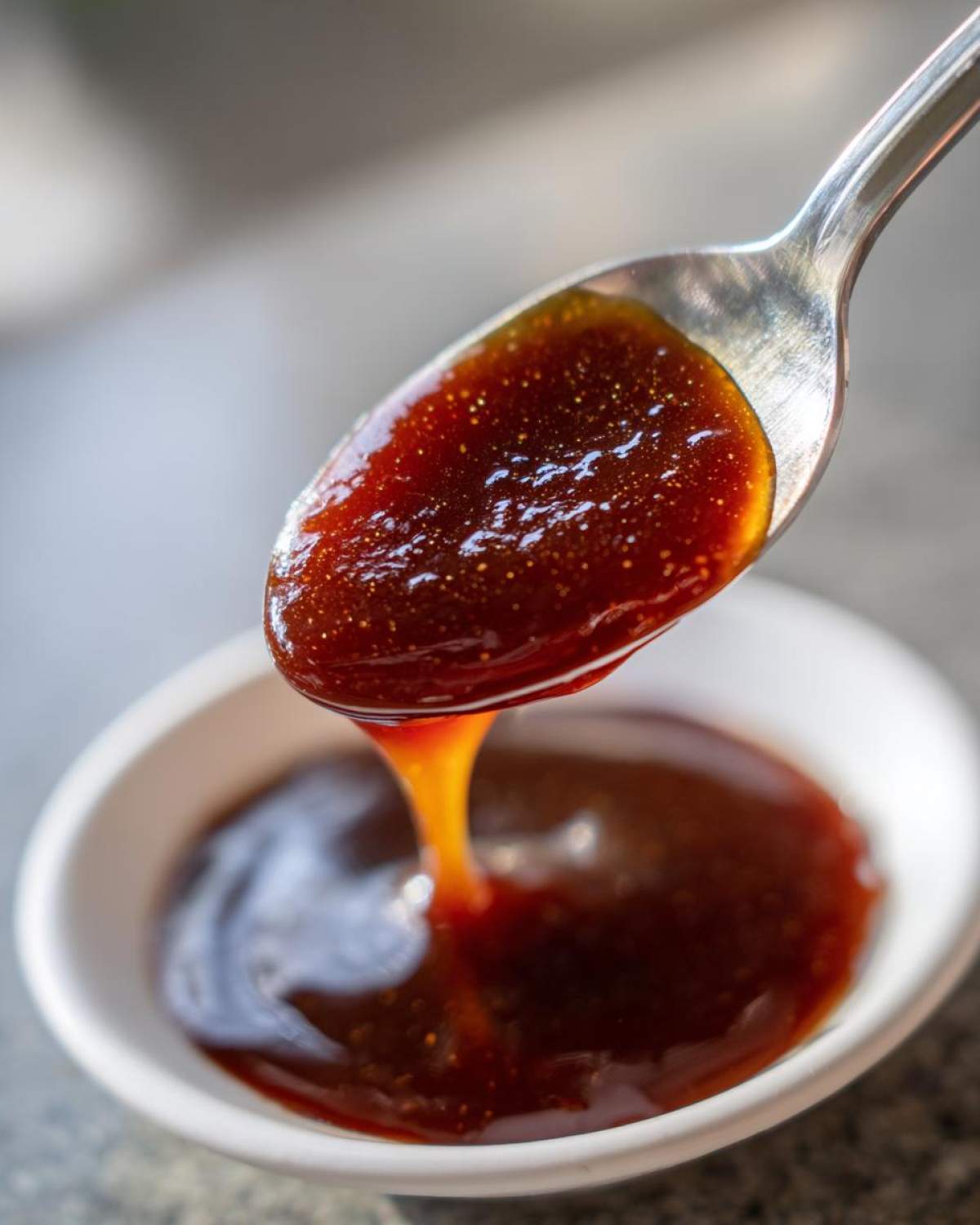 Close-up of thick, glossy homemade teriyaki sauce dripping from a silver spoon into a small white bowl.