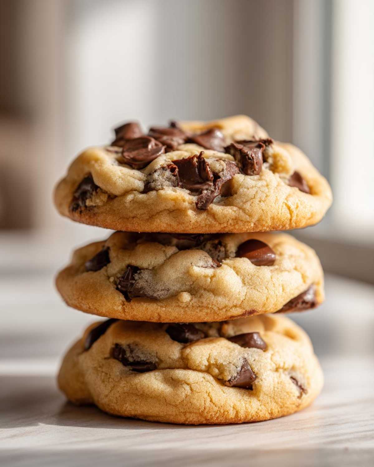 A vertical stack of three thick, soft chocolate chip cookies loaded with melted chocolate chunks.
