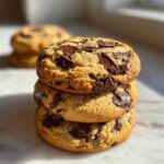 A vertical stack of three thick, soft chocolate chip cookies loaded with melted chocolate chunks.