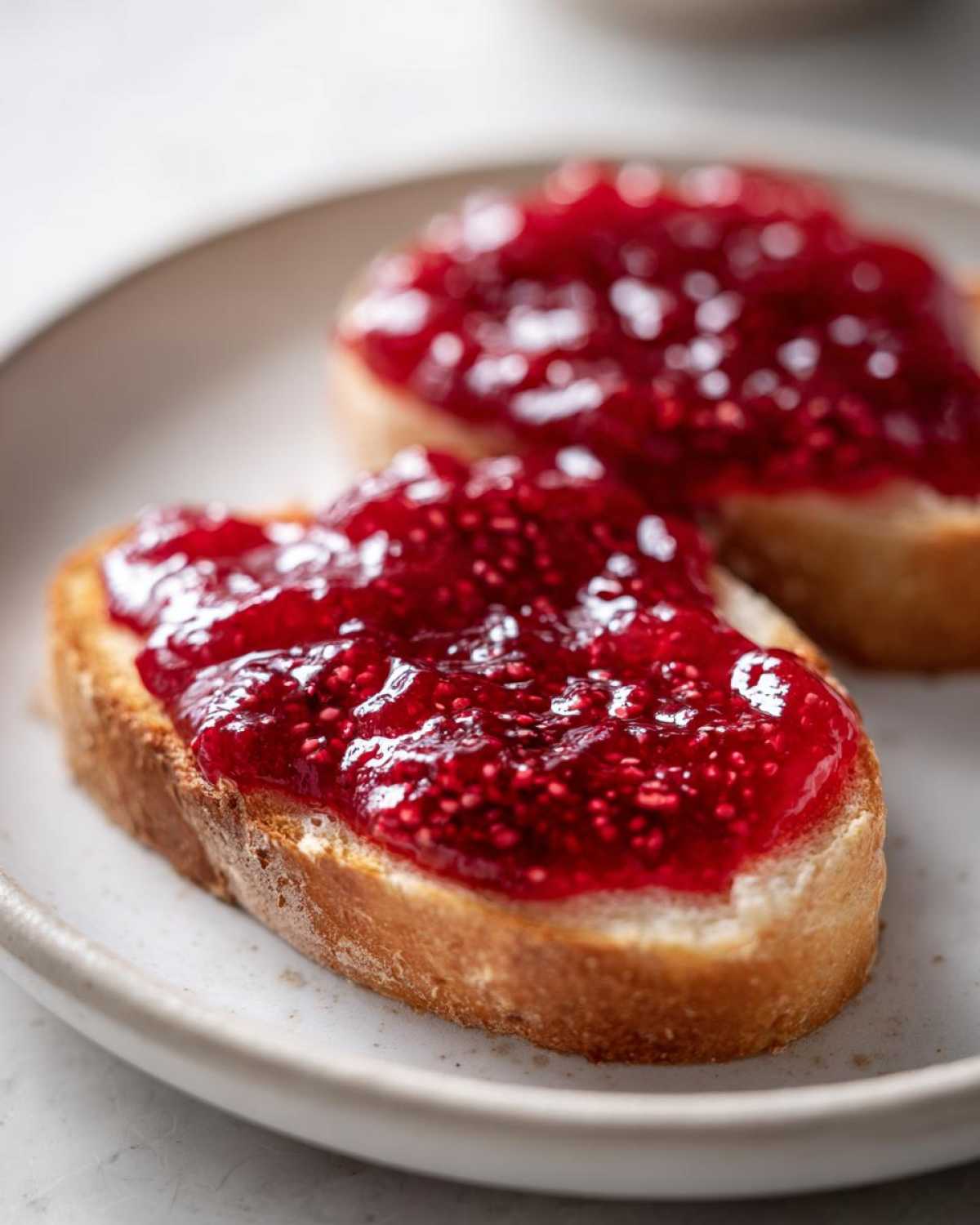 Close-up of two slices of toasted bread generously topped with vibrant, glistening homemade raspberry jam.