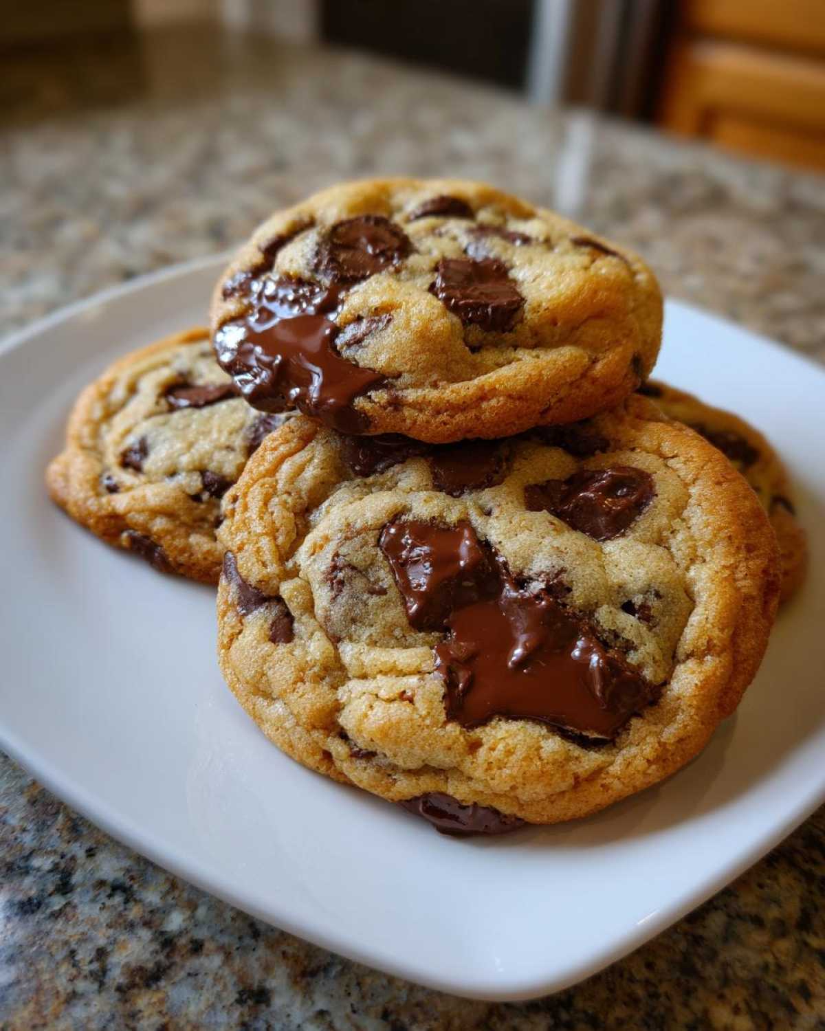 Close-up of three freshly baked chocolate chip cookies stacked on a white plate with gooey, melted chocolate.