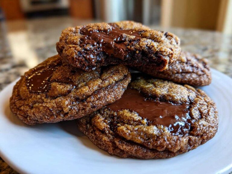 A stack of four gooey, rich chocolate chip cookies with pools of melted chocolate on top.