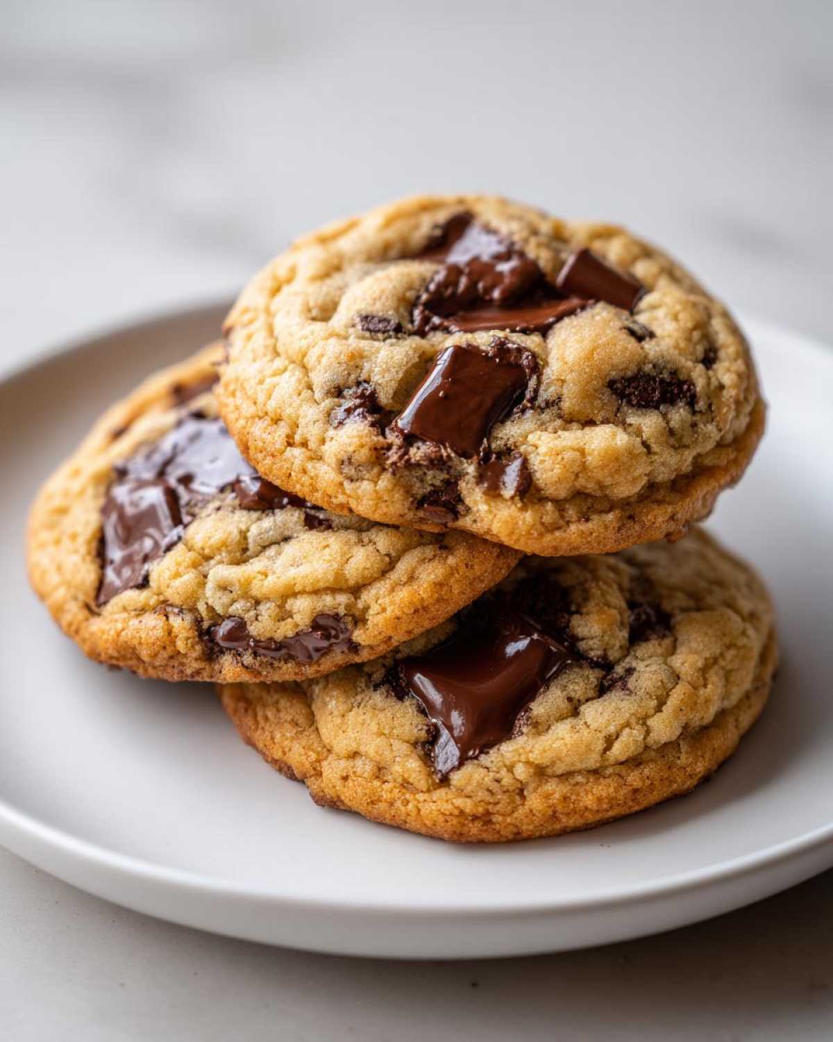 A stack of three perfectly baked chocolate chip cookies featuring melted, gooey chocolate chunks on a white plate.