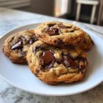 A stack of four perfectly baked, thick chocolate chip cookies with melted chocolate chunks on a white plate.