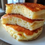 Close-up showing the airy, porous interior texture of three stacked fluffy pancakes drizzled with syrup.