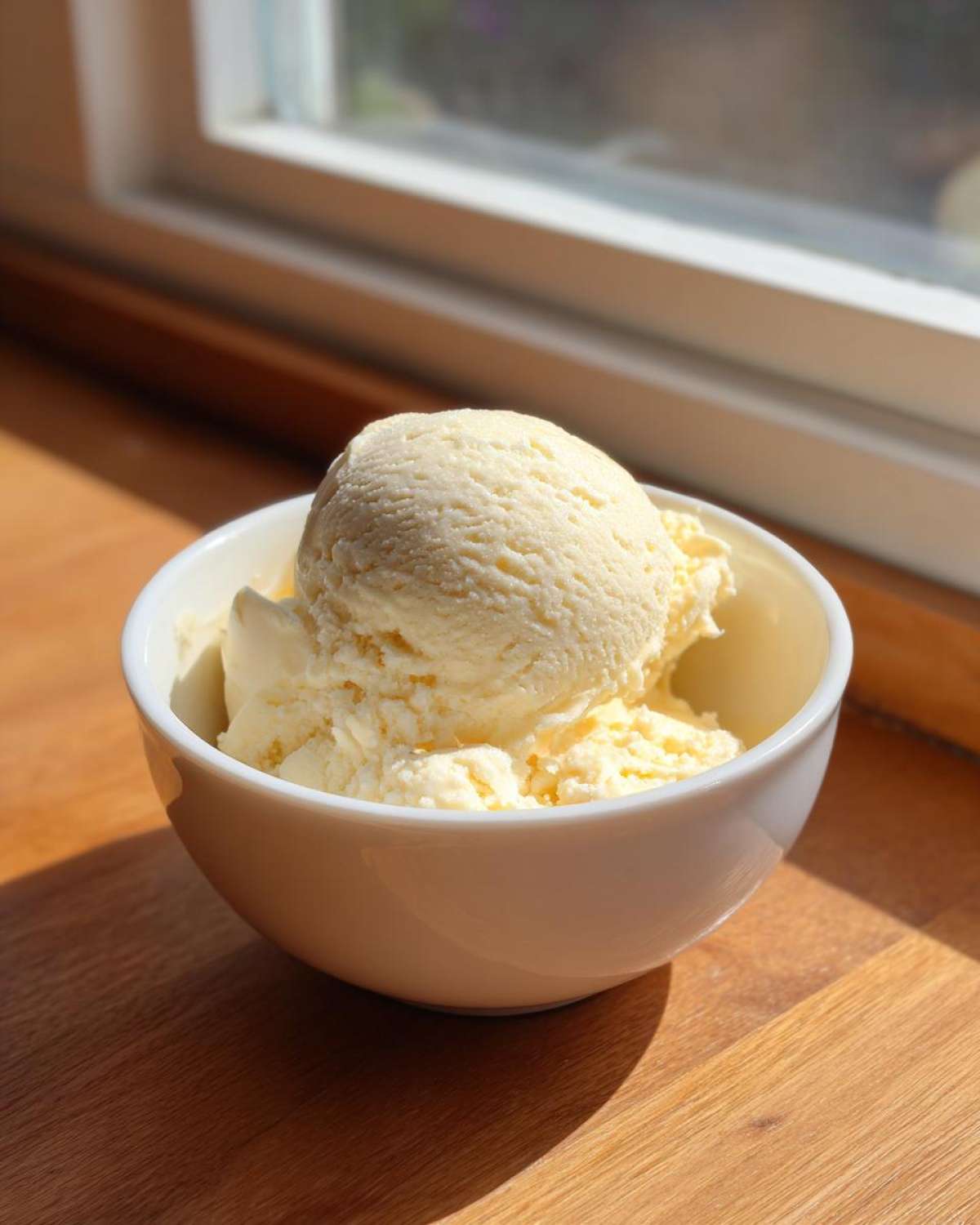A scoop of creamy vanilla protein ice cream served in a white bowl near a sunny window.