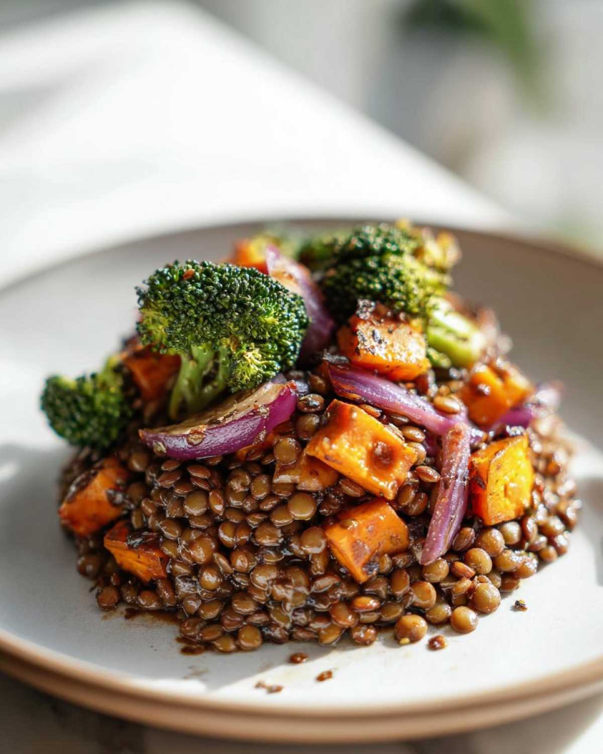 A mound of seasoned lentils topped with roasted sweet potatoes, red onions, and broccoli florets, part of a veggie lentil salad.