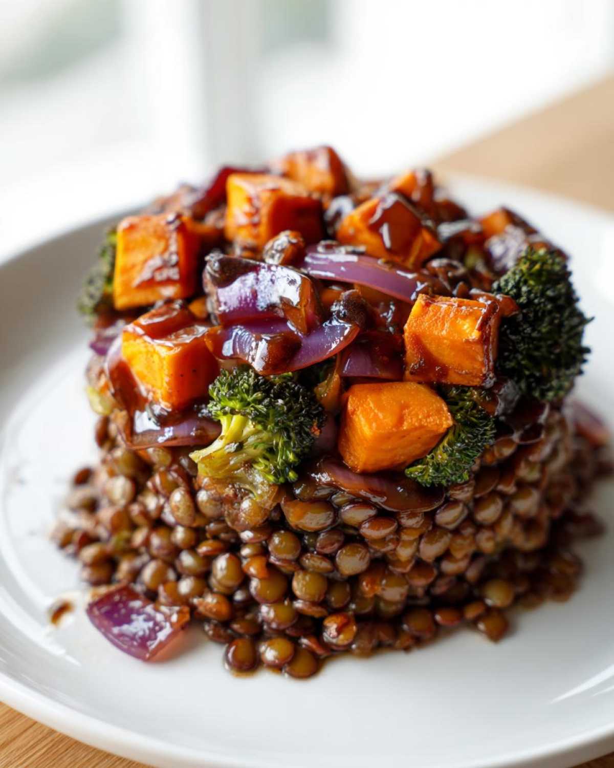 A vertical stack of cooked brown lentils topped with roasted sweet potato, broccoli, and red onion in a glaze, part of a veggie lentil salad.