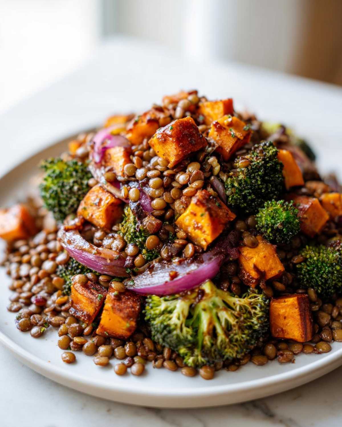 A close-up of a hearty veggie lentil salad featuring brown lentils, roasted sweet potato cubes, bright green broccoli florets, and red onion slices.