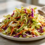 A close-up of a vibrant, freshly dressed cabbage salad featuring shredded green and purple cabbage and carrots.