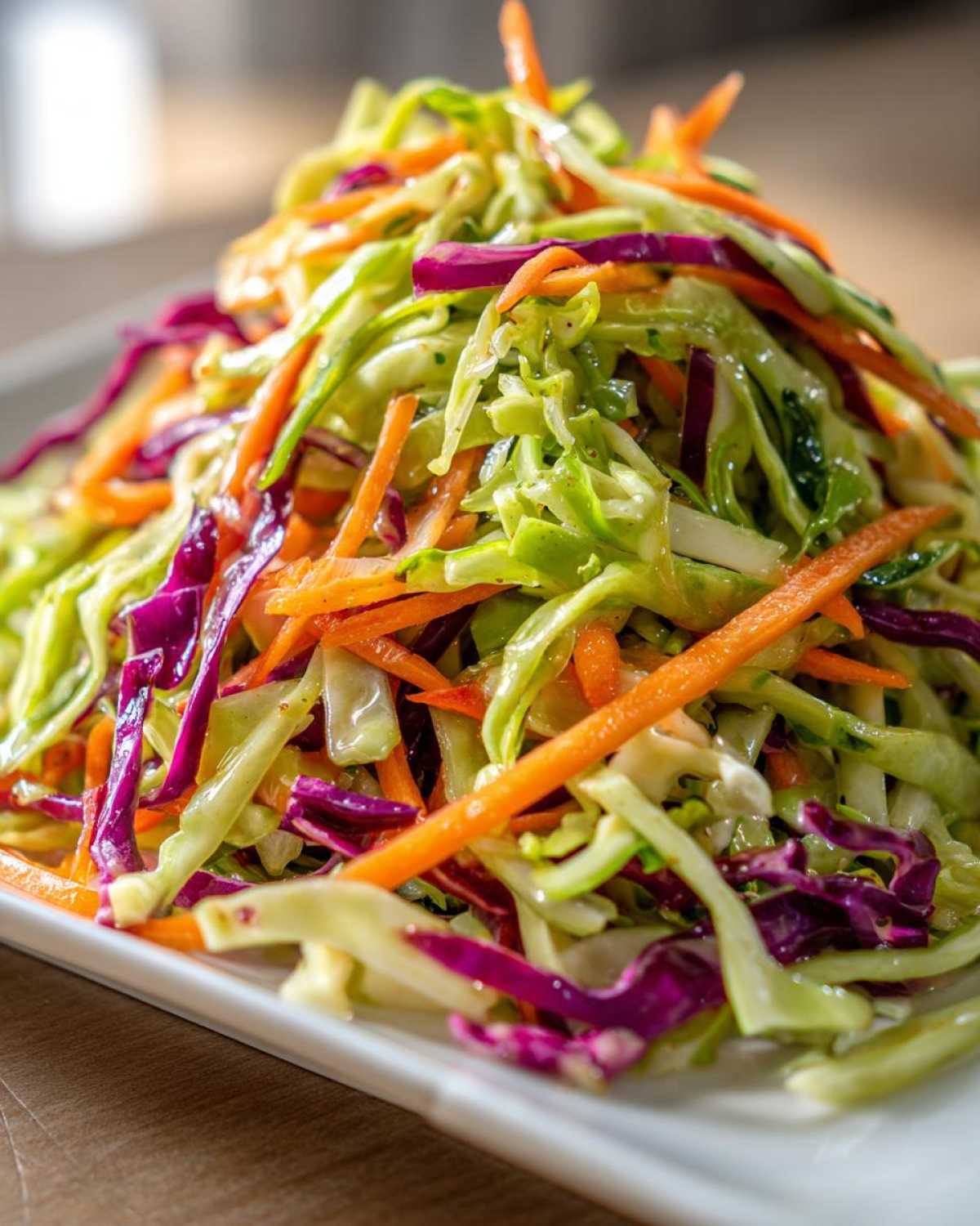 Close-up of a vibrant, freshly dressed cabbage salad featuring shredded green cabbage, red cabbage, and carrots.