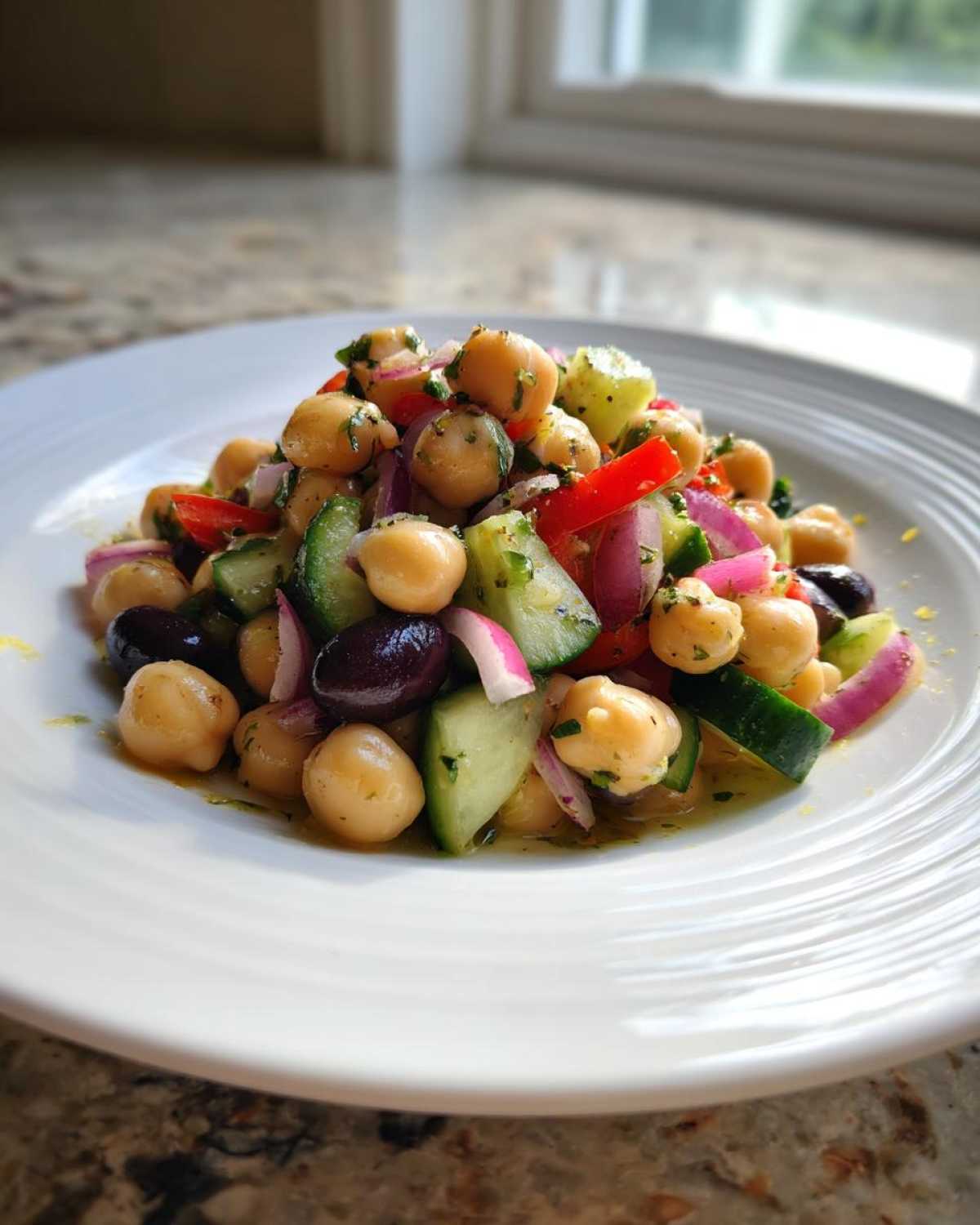 A close-up of a fresh bean salad featuring chickpeas, cucumber, red onion, and Kalamata olives on a white plate.