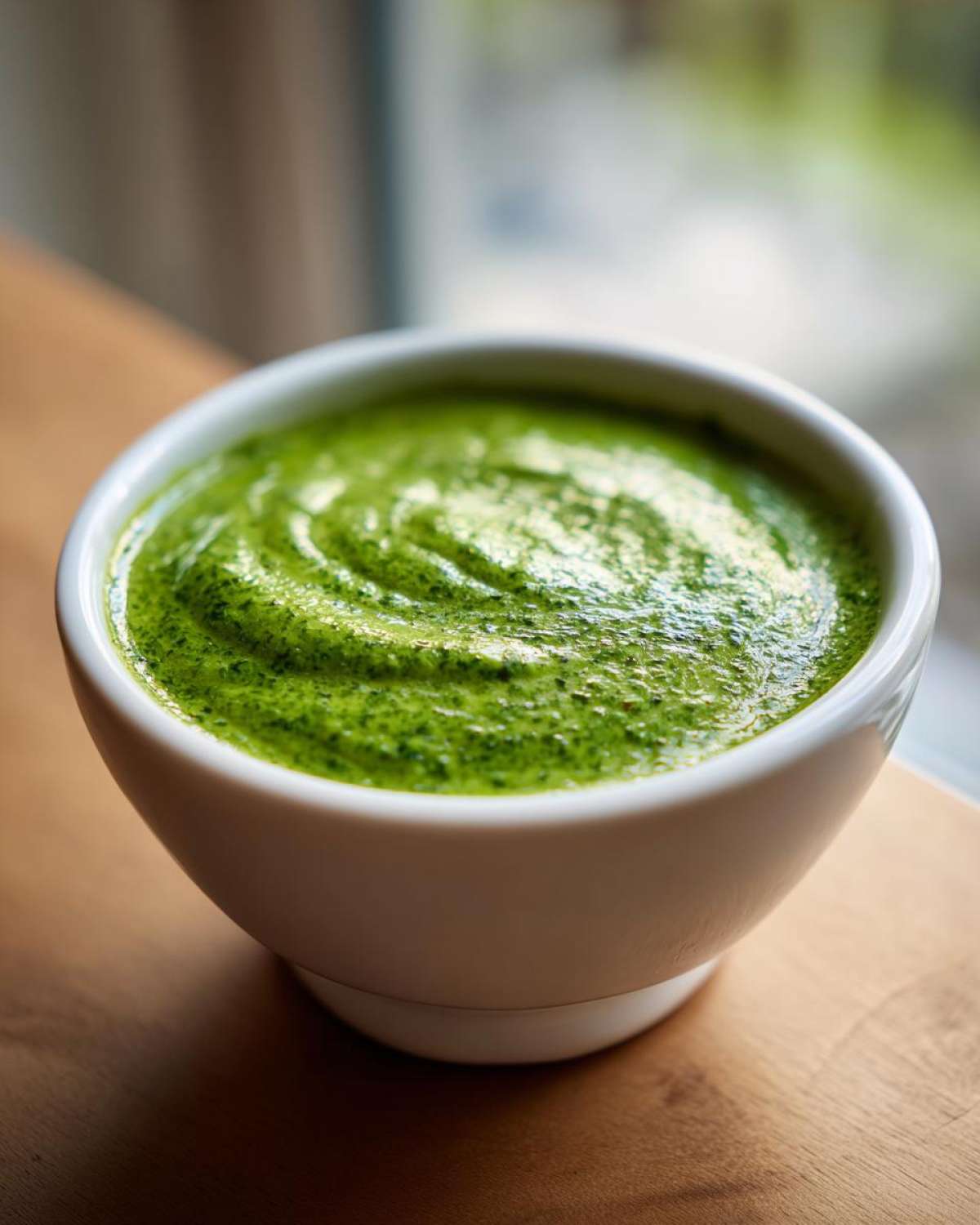 Close-up of a bright green, freshly blended cilantro lime sauce swirling in a small white bowl.