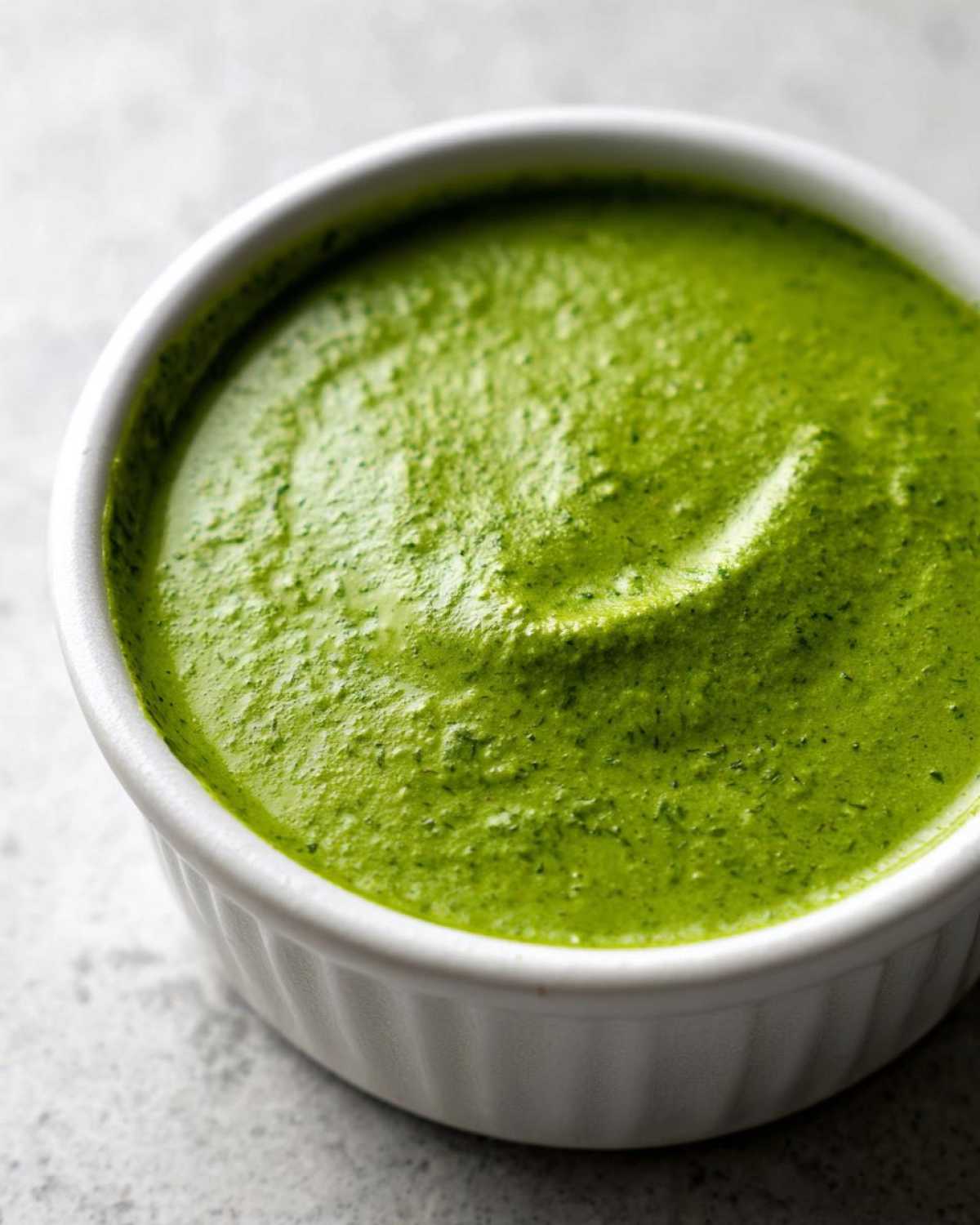Close-up of thick, bright green cilantro lime sauce served in a small white fluted ramekin.