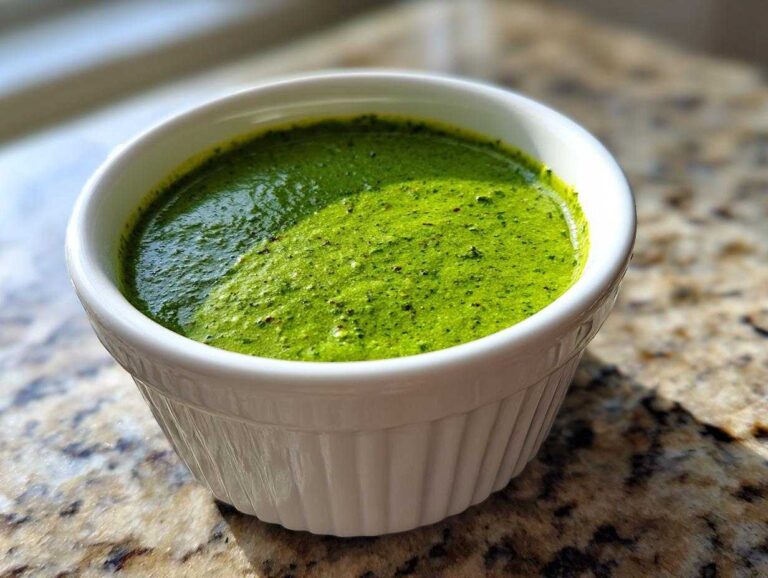 Close-up of bright green cilantro lime sauce blended smooth in a small white fluted ramekin.