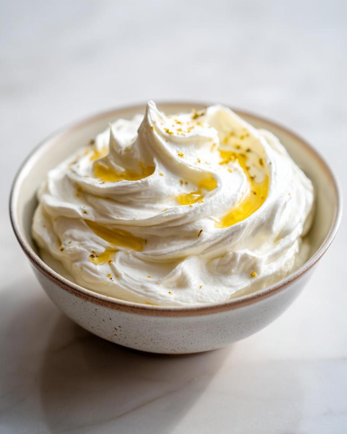A close-up of creamy whipped feta dip swirled high in a speckled bowl, drizzled with golden olive oil.