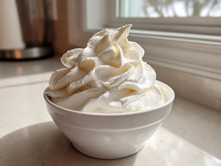 A small white bowl filled with stiff, perfectly piped white whipped topping, likely the base for sugar cookie icing that hardens.