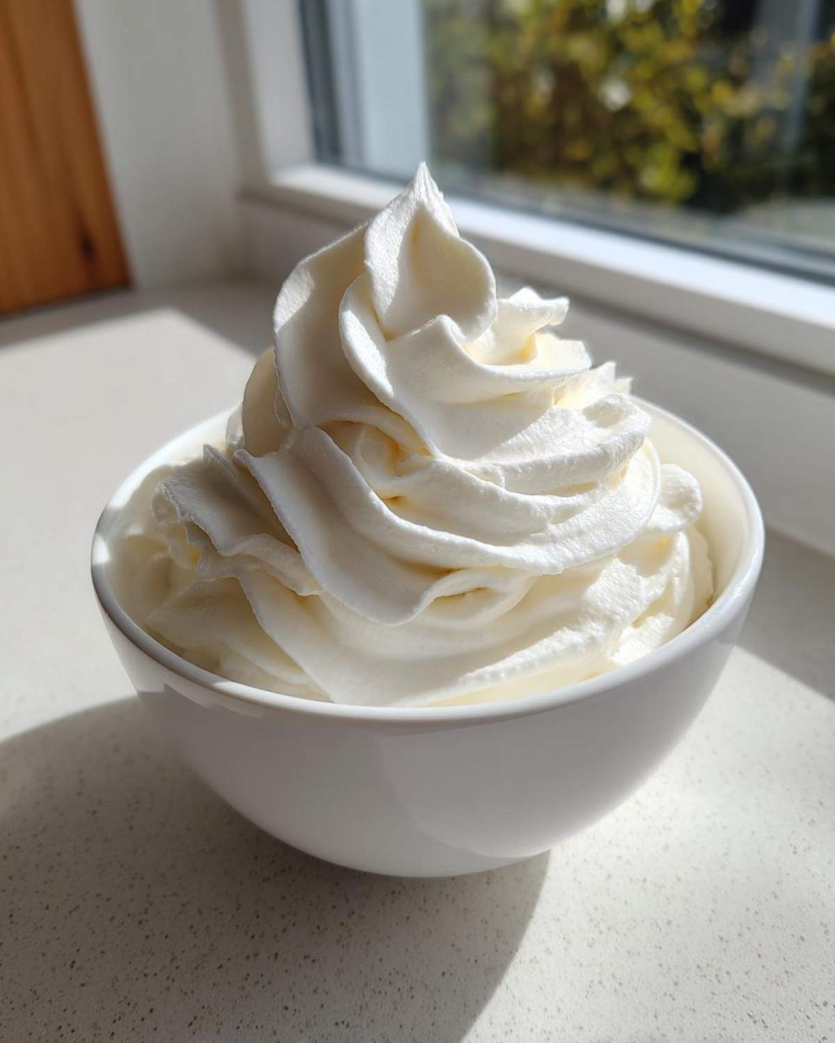 A white bowl filled with stiff, piped white icing, resembling whipped cream, which is the sugar cookie icing that hardens.