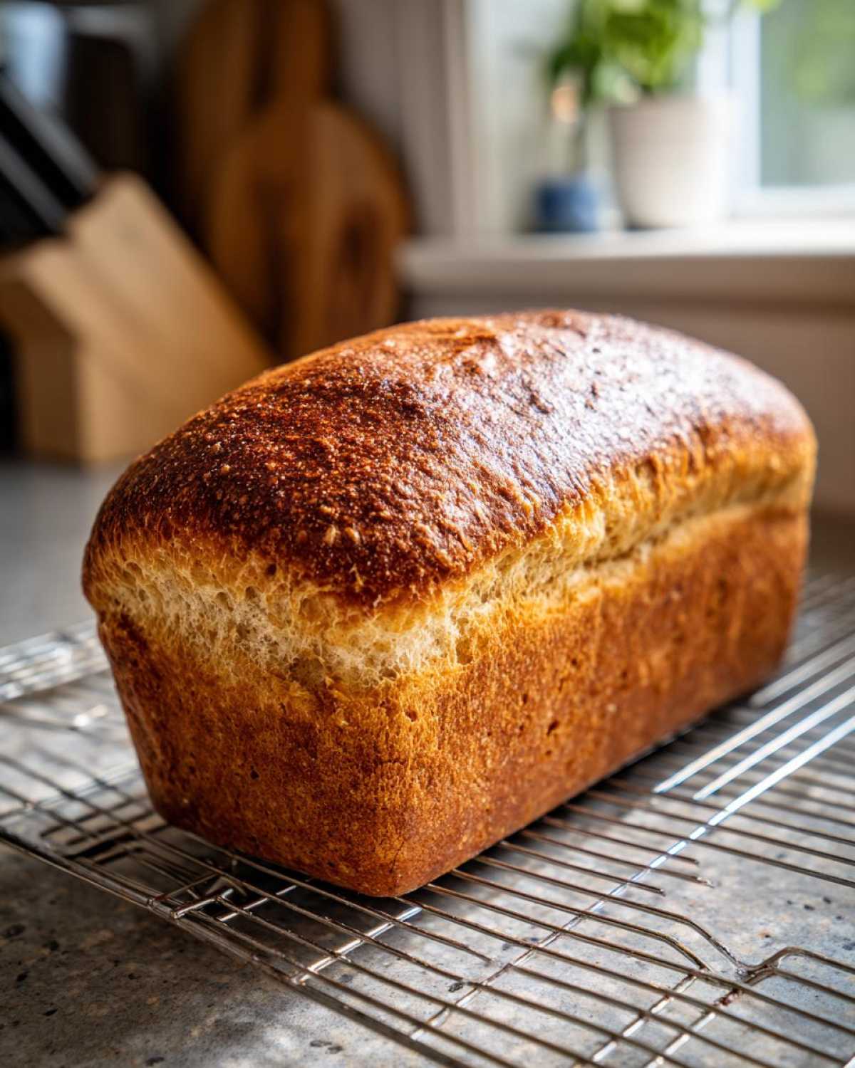 A golden brown loaf of whole wheat bread cooling on a wire rack in a kitchen setting.