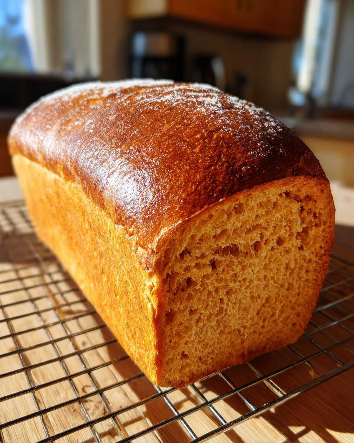 A golden-brown loaf of whole wheat bread cooling on a wire rack indoors.