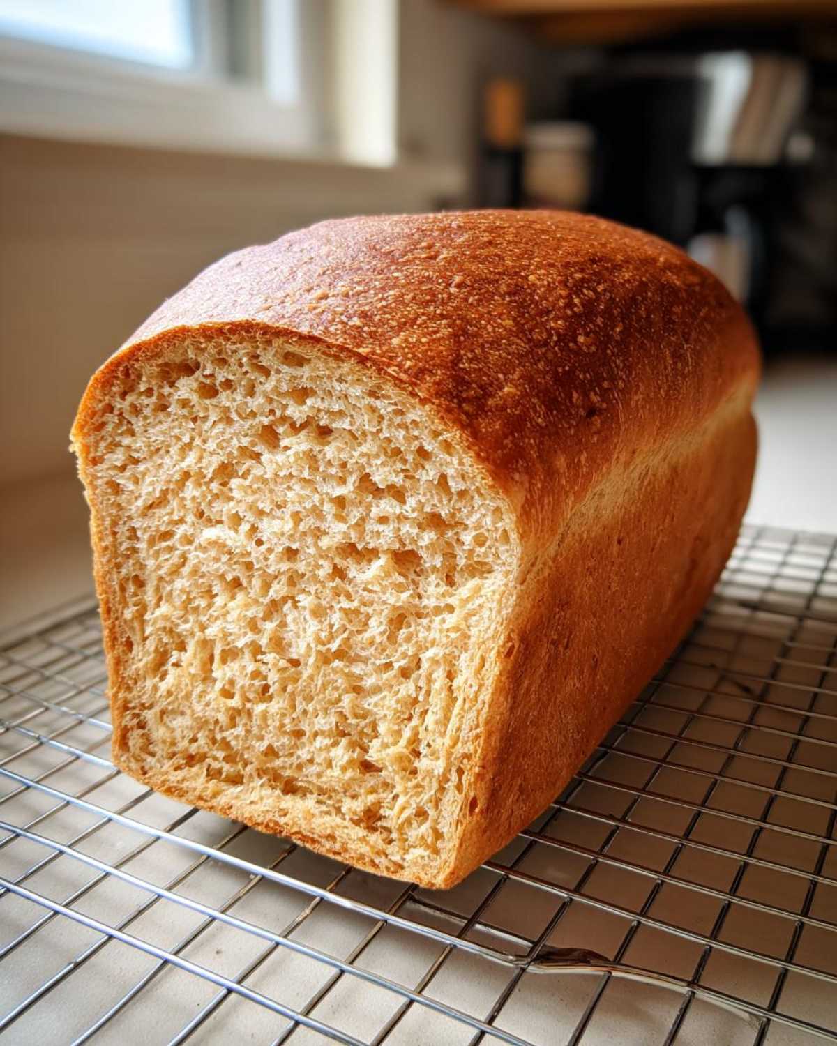 A freshly baked loaf of whole wheat bread, showing a soft crumb texture, resting on a wire cooling rack.