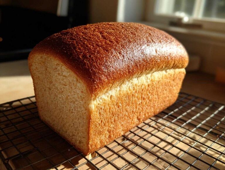 A golden-brown, unsliced loaf of whole wheat bread cooling on a wire rack in the sunlight.