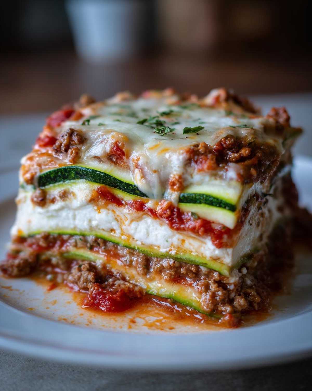 A thick, layered slice of zucchini lasagna featuring zucchini noodles, ricotta, and meat sauce, topped with melted cheese.