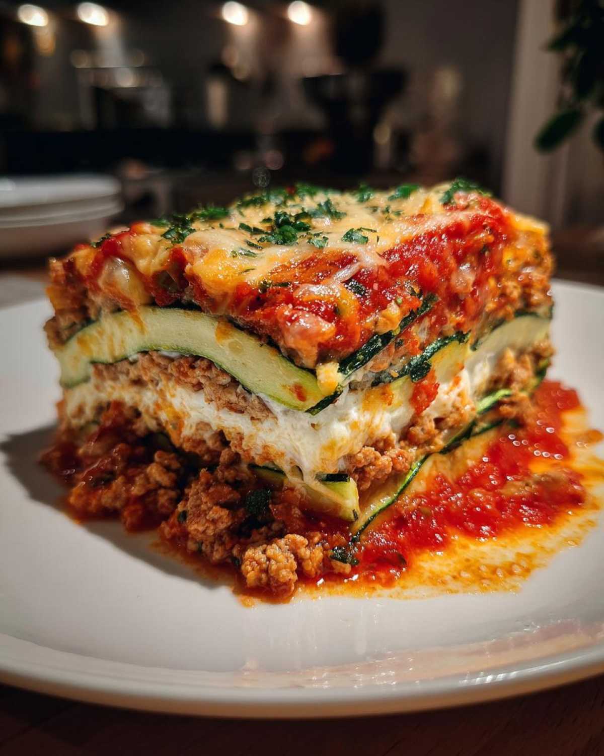 A tall, layered slice of zucchini lasagna featuring zucchini noodles, ricotta, meat sauce, and melted cheese topping.