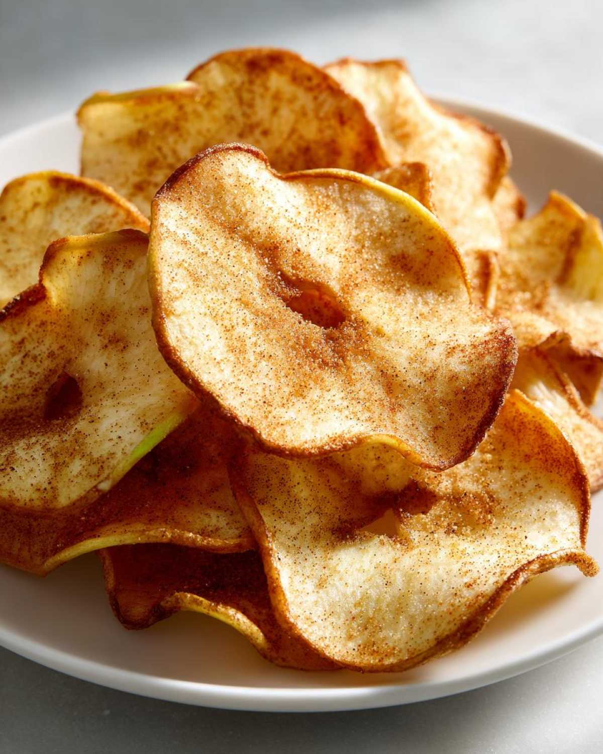 Close-up of crispy, thinly sliced Air Fryer Cinnamon Sugar Apple Chips piled on a white plate.