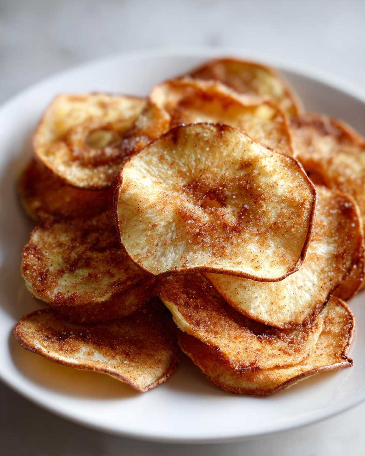 Close-up of crispy Air Fryer Cinnamon Sugar Apple Chips piled on a white plate.