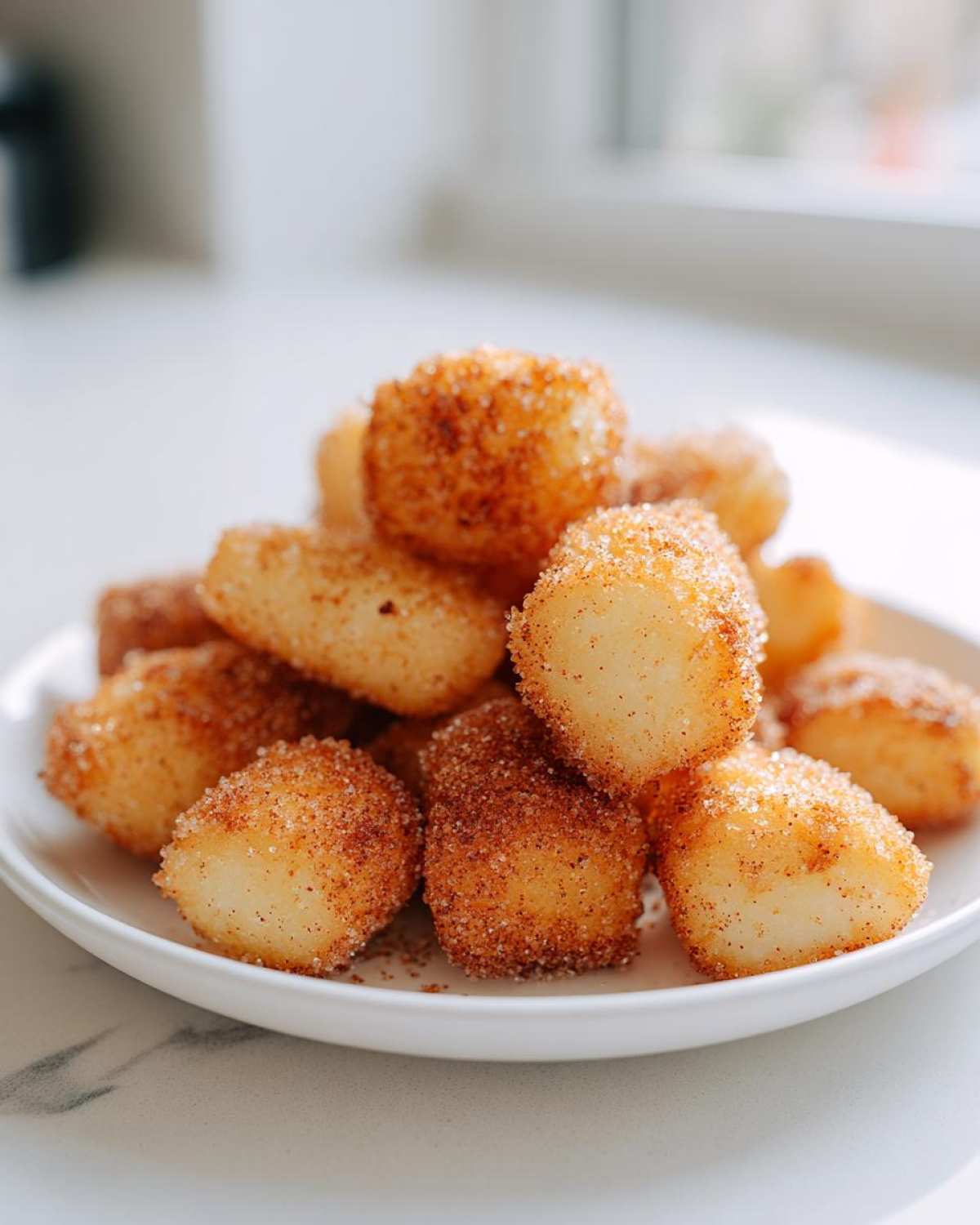 A pile of golden Air Fryer Cinnamon Sugar Churro Bites coated heavily in cinnamon sugar mixture on a white plate.