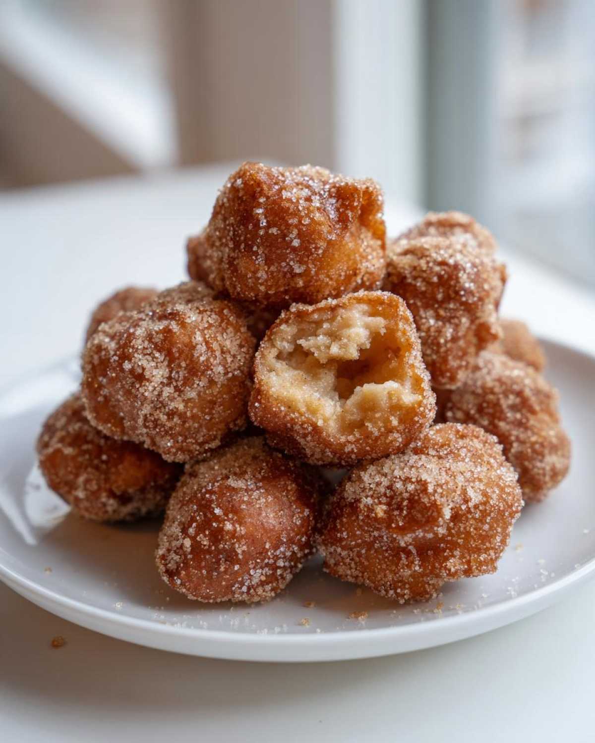 A stack of golden brown Air Fryer Cinnamon Sugar Churro Bites coated heavily in cinnamon sugar, with one broken open.