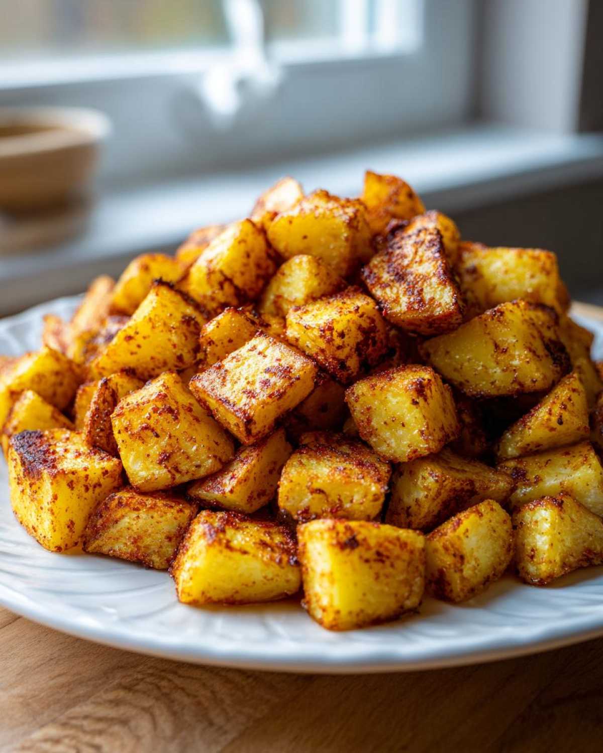 A close-up of a pile of golden, crispy Air Fryer Crispy Breakfast Potatoes with Paprika on a white plate.