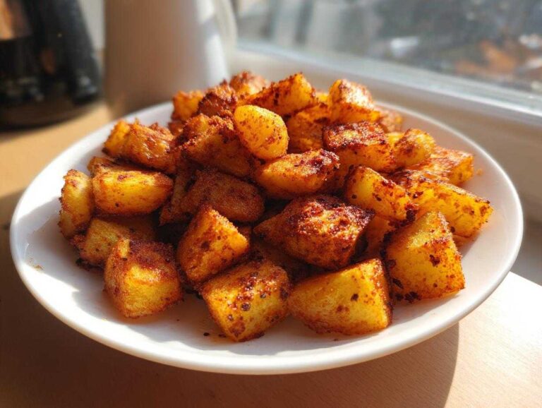 A white plate piled high with golden brown, crispy Air Fryer Crispy Breakfast Potatoes with Paprika.