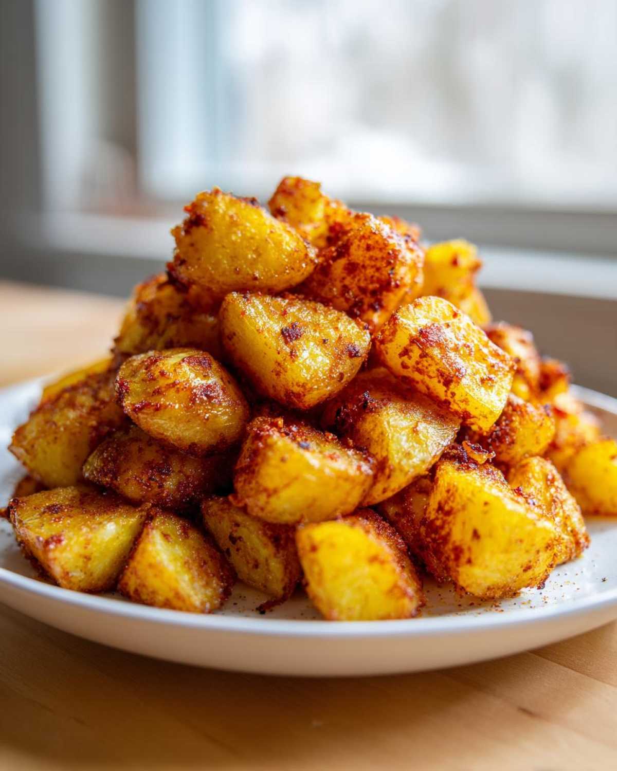 A mound of golden, crispy Air Fryer Crispy Breakfast Potatoes with Paprika piled high on a white plate.