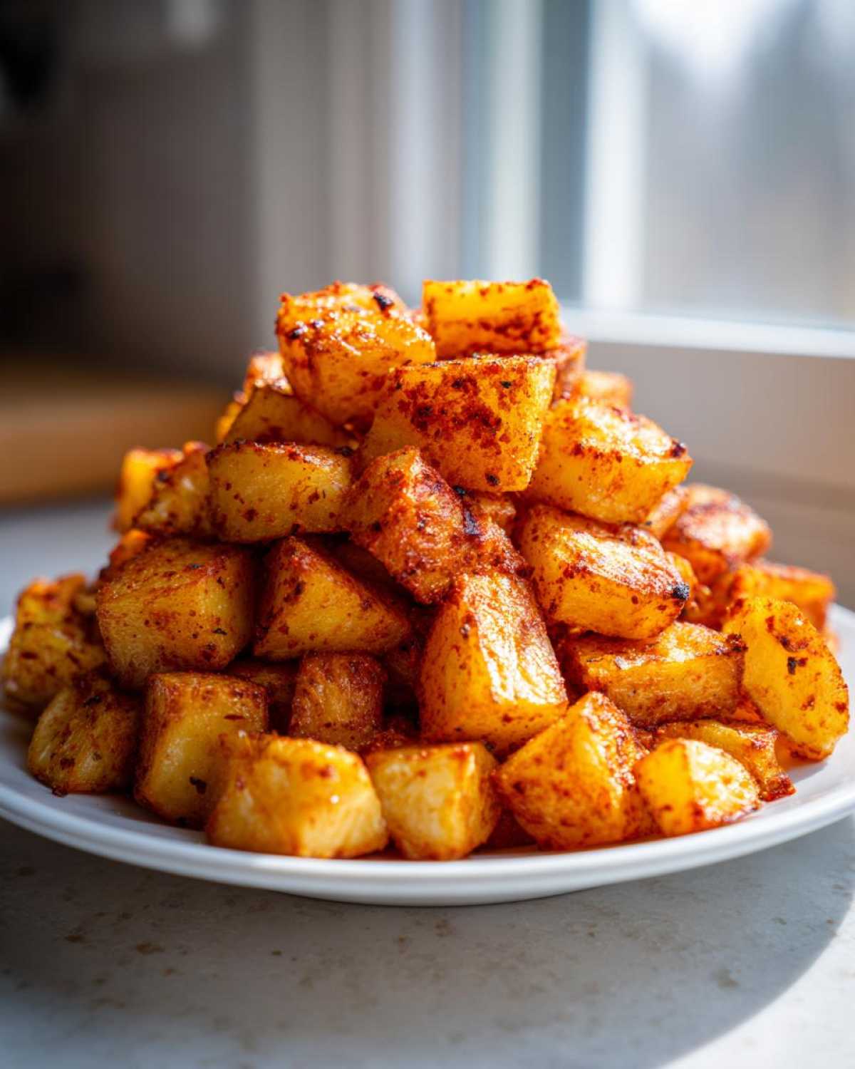 A tall mound of golden, crispy breakfast potatoes seasoned heavily with paprika on a white plate.