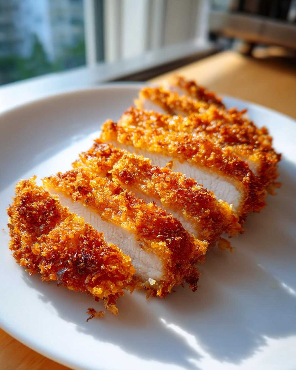 Close-up of perfectly golden, crispy Air Fryer Crispy Chicken Katsu Cutlets, sliced and arranged on a white plate.