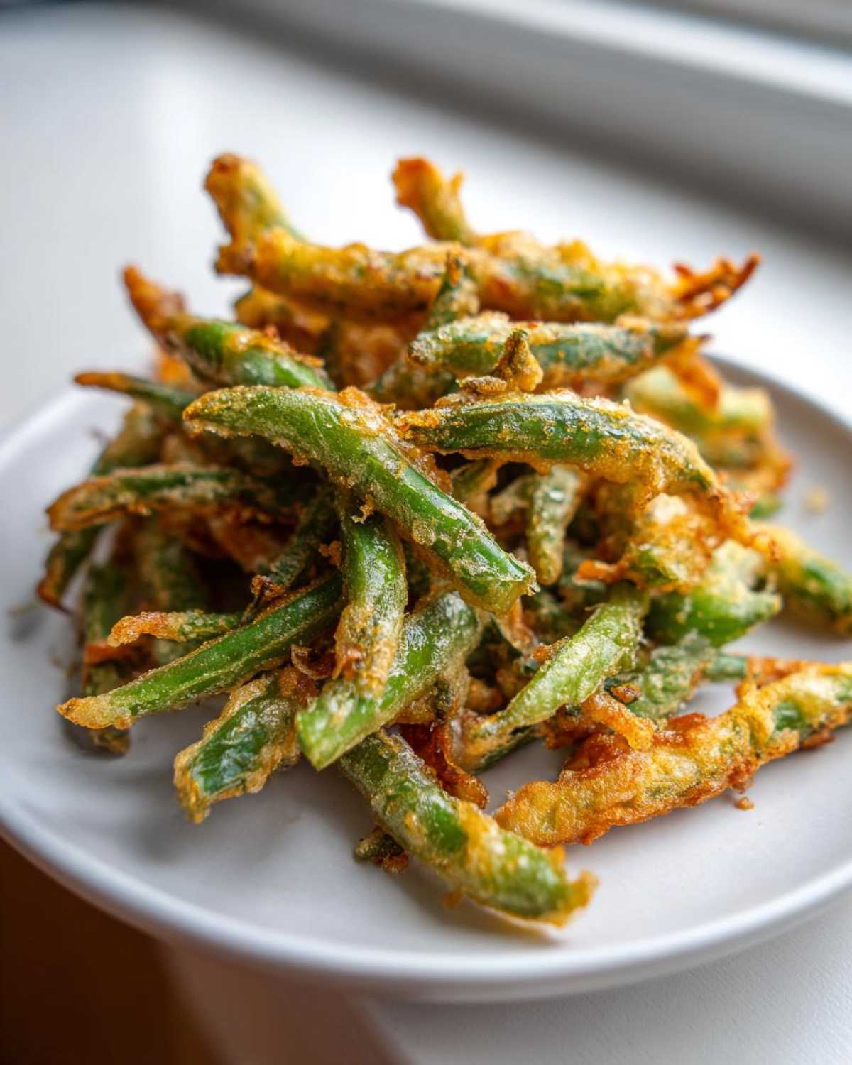 A close-up of a pile of Air Fryer Crispy Tempura Green Beans served on a white plate.