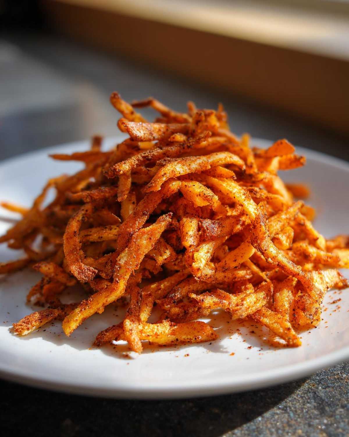 A close-up of seasoned Air Fryer Crispy Tortilla Strips piled high on a white plate.