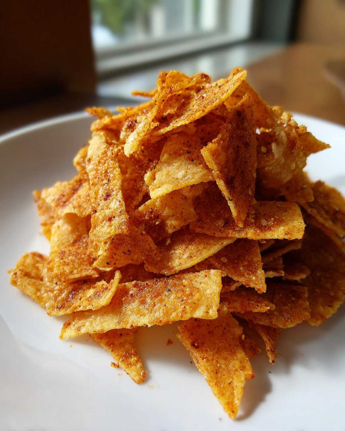 A close-up of a mound of golden, seasoned Air Fryer Crispy Tortilla Strips piled high on a white plate.