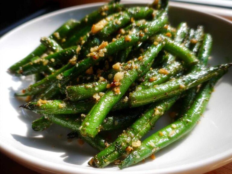 A close-up of vibrant green beans tossed with garlic and Parmesan, ready to eat.