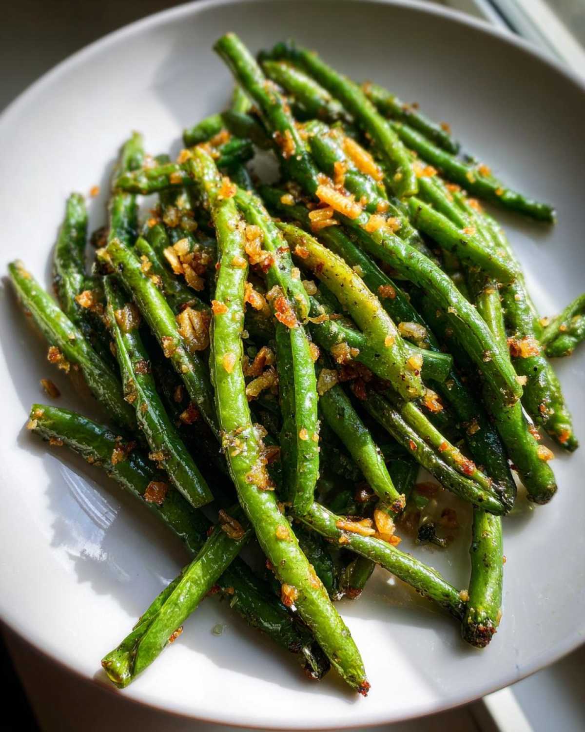 Close-up of vibrant green beans seasoned with garlic and Parmesan, ready to eat.