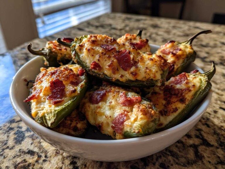 Close-up of Air Fryer Stuffed Jalapeno Poppers with bacon and melted cheese served in a white bowl.