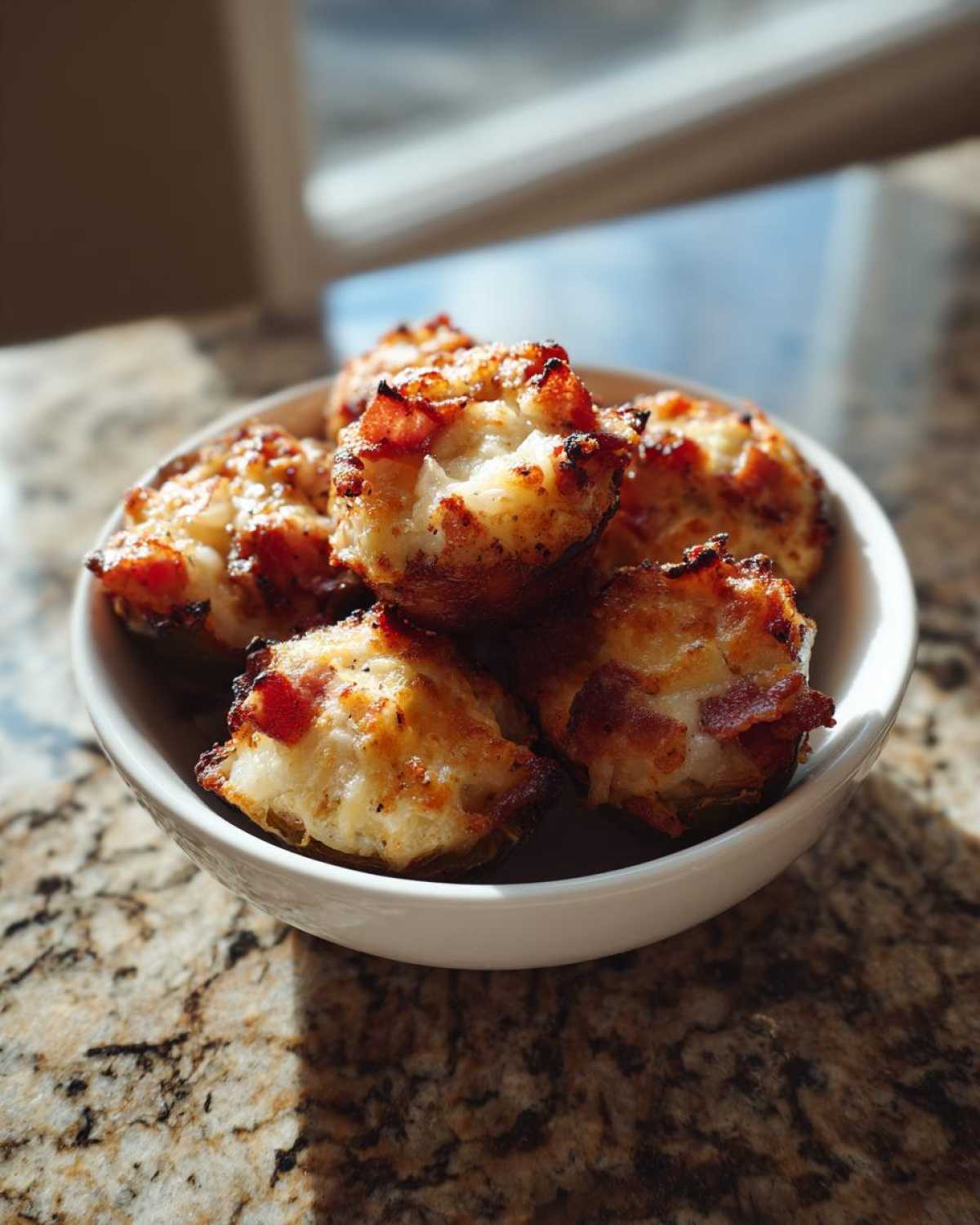 A small white bowl filled with crispy Air Fryer Stuffed Jalapeno Poppers with Bacon, sitting on a granite countertop.