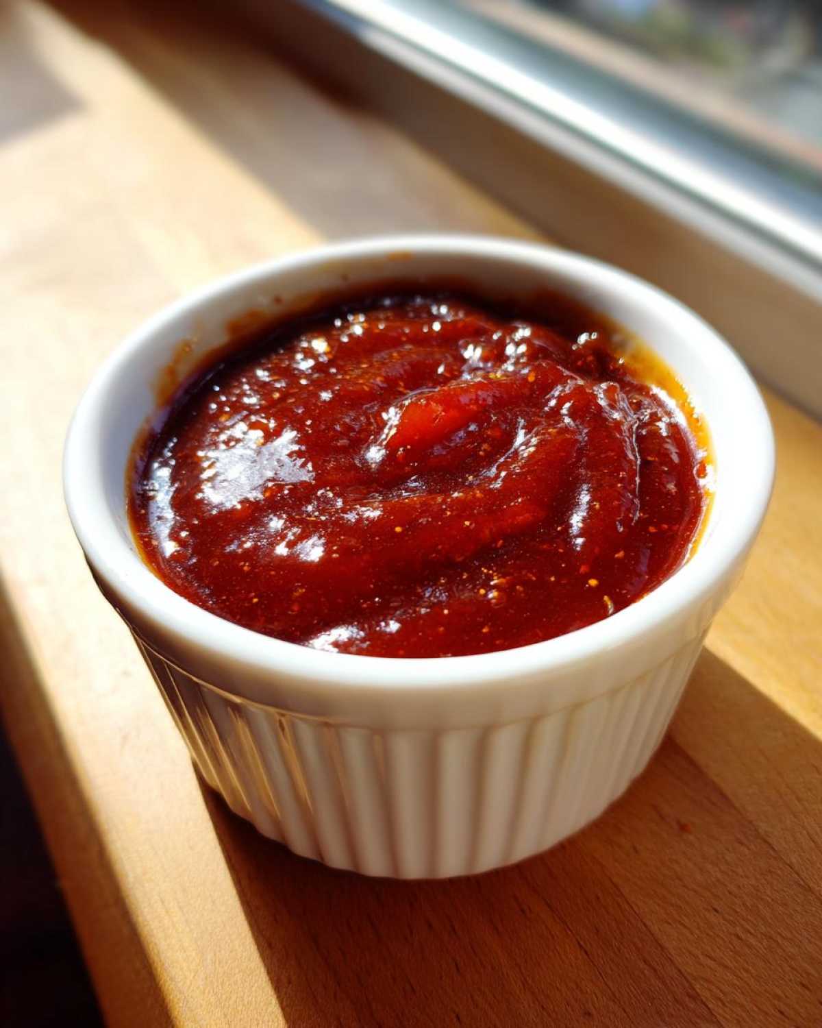 Close-up of thick, glossy Copycat Chick-fil-A Honey Roasted BBQ Sauce in a white ramekin.